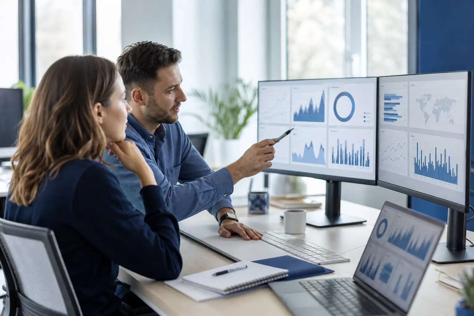 Marketing team reviewing website performance and campaign analytics on desktop monitors.