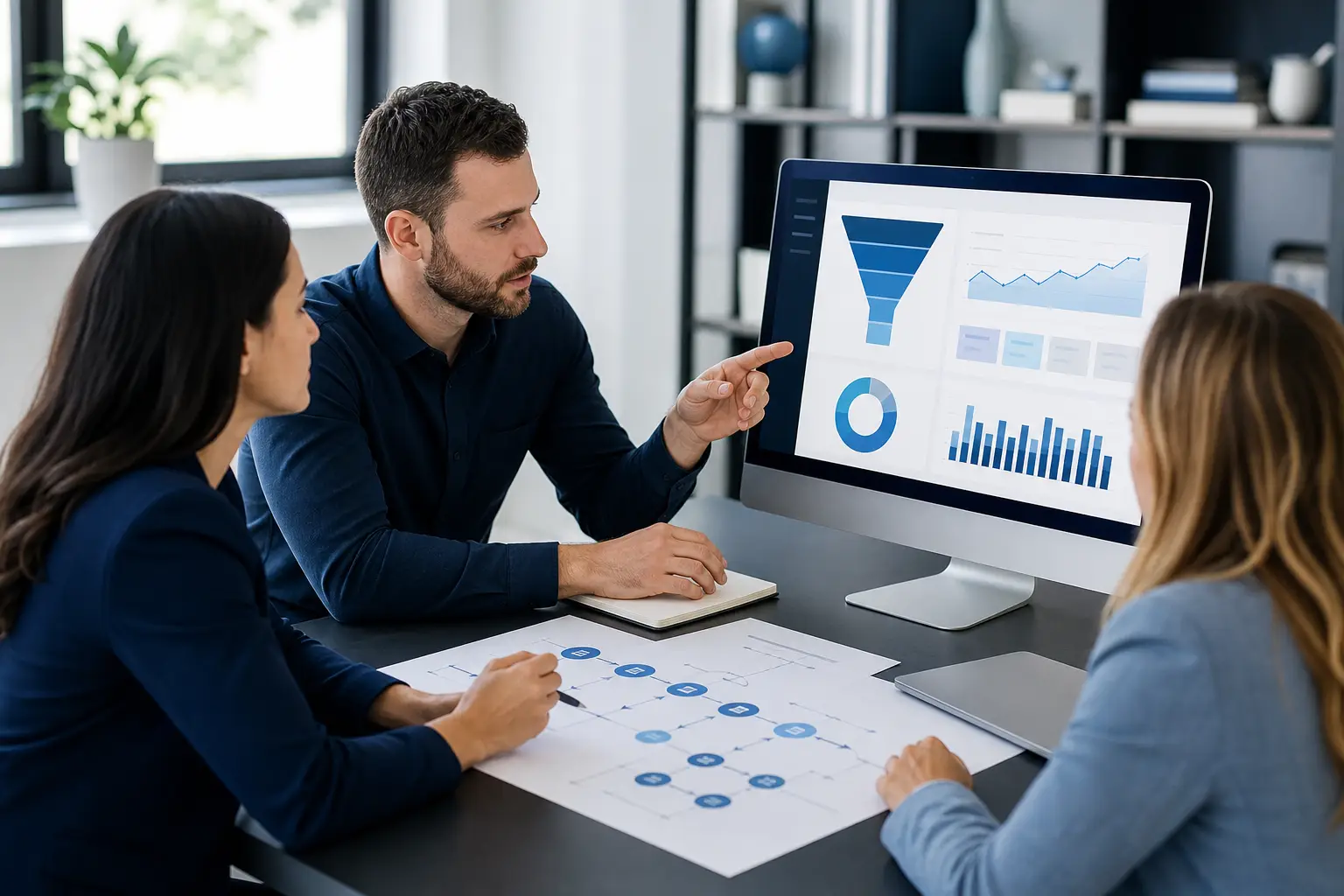 Business team reviewing website conversion optimization services and lead journey analytics on a desktop monitor.