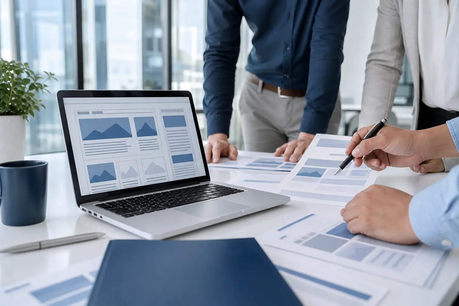 Service business team reviewing website design for services and lead-generation page layouts
